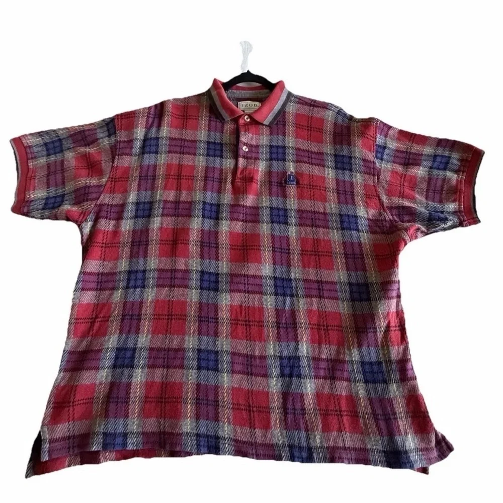 Vtg IZOD Polo Shirt Mens L Plaid Short Sleeve Cotton Knit Logo Casual Preppy